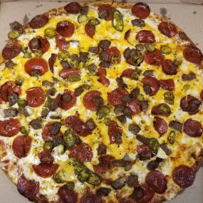 Fan Creation! Made with all-beef pepperoni, gyro meat, jalapeno, cheddar and extra mozzarella