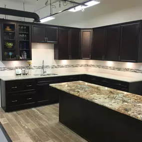 One of our kitchen granite and cabinet displays in our Phoenix showroom.