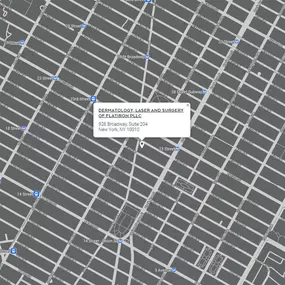 Dermatology, Laser & Surgery of Flatiron PLLC is located at 928 Broadway in the iconic Flatiron district of New York City. Our dermatology practice is easily accessible by public transportation & there are numerous parking options nearby.