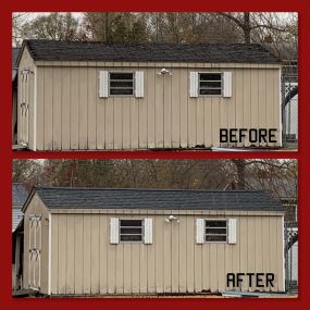 We believe no job is too small. This shed roof replacement was completed using GAF Timberline Hickory shingles.