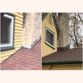 Partial roof replacement with new chimney flashing. The roof was installed using GAF Timberline Hickory shingles.