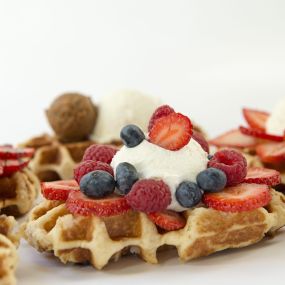 Try our liege waffle topped with creme fraiche and berries!