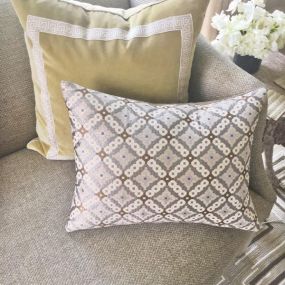 Love how these custom pillows look on our clients custom settee- beautiful sitting area for coffee and gathering with guests!