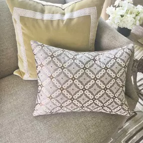 Love how these custom pillows look on our clients custom settee- beautiful sitting area for coffee and gathering with guests!