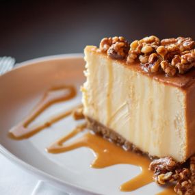 Classic New York Cheesecake with Caramel and Candied Walnuts