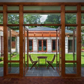 Windsor Clad windows in modern home in Toco Hills area of Atlanta.  Warm natural wood interior with prefinished clad exterior