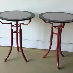 Memphis style tables with metal legs and wood top