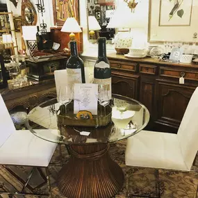 McGuire Wheat Sheaf Table accompanied by Mitchell Gold Gage Tall Side Chairs