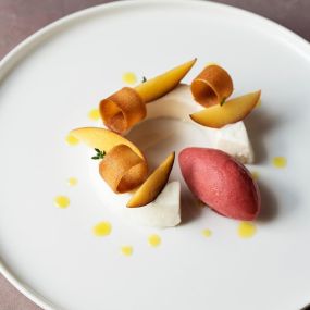 Skyr and thyme mousse, tuile biscuit and peche de vigne sorbet