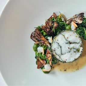 Day-boat Cornish cod, sea herbs, cockles, hen of the wood