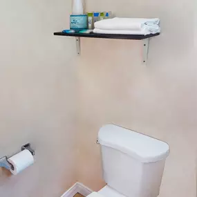 Restroom with a small island where you can find extra towels, toilet paper, shampoo, and conditioner