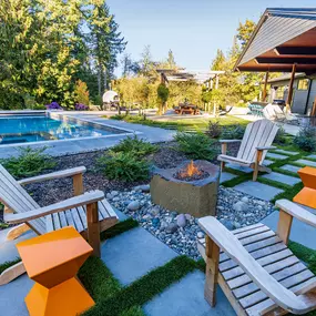 Outdoor patio with a fire pit and pool