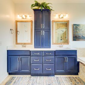 Stacked vanity cabinets add extra storage and style in Leland.