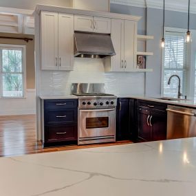 Transitional Kitchen Remodel with Blue Base Cabinets