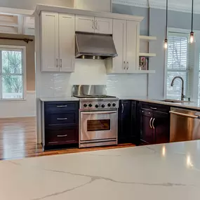 Transitional Kitchen Remodel with Blue Base Cabinets