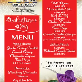 Share the love and enjoy our special Valentine's Day menu from 5PM - 10PM on Tuesday, February 14. (Our regular menu will not be available during this time) Call (561) 842-8282 for reservations.