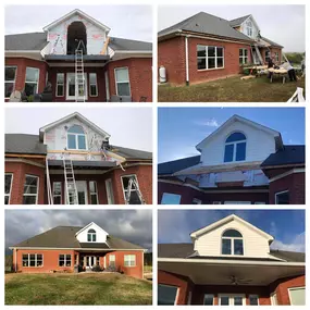 Here are some pictures of a home in Ringgold that we recently completed. We removed an old double deck and door and added a new double casement window with a half-round top window. We also replaced the deck with a larger porch ceiling and tied the roof system together. We also added new 6