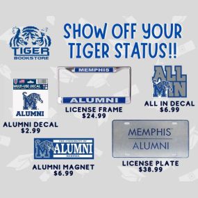 Congrats to all the University of Memphis newest graduates. It’s time to show off your Tiger alumni status with a fun car accessory from Tiger Bookstore. Get yours today in-store or online.