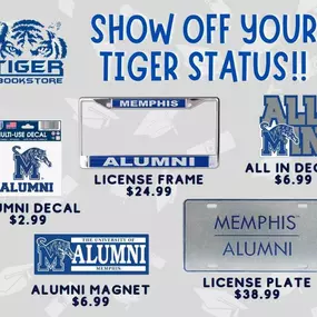 Congrats to all the University of Memphis newest graduates. It’s time to show off your Tiger alumni status with a fun car accessory from Tiger Bookstore. Get yours today in-store or online.