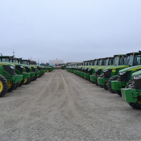 Rows of John Deere large-frame tractors at RDO Equipment Co. in Salinas, CA