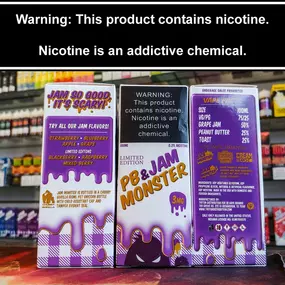 | WHO LOVES PB & JAM??? |

Jam Monster at it again with the PB & Jam Monster flavor! Creamy Peanut Butter and Grape Jam on toast all in one vape!