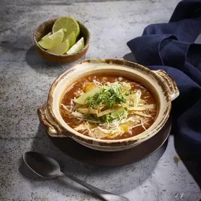 CHICKEN TORTILLA SOUP 
Served with crispy tortilla strips and sliced avocado